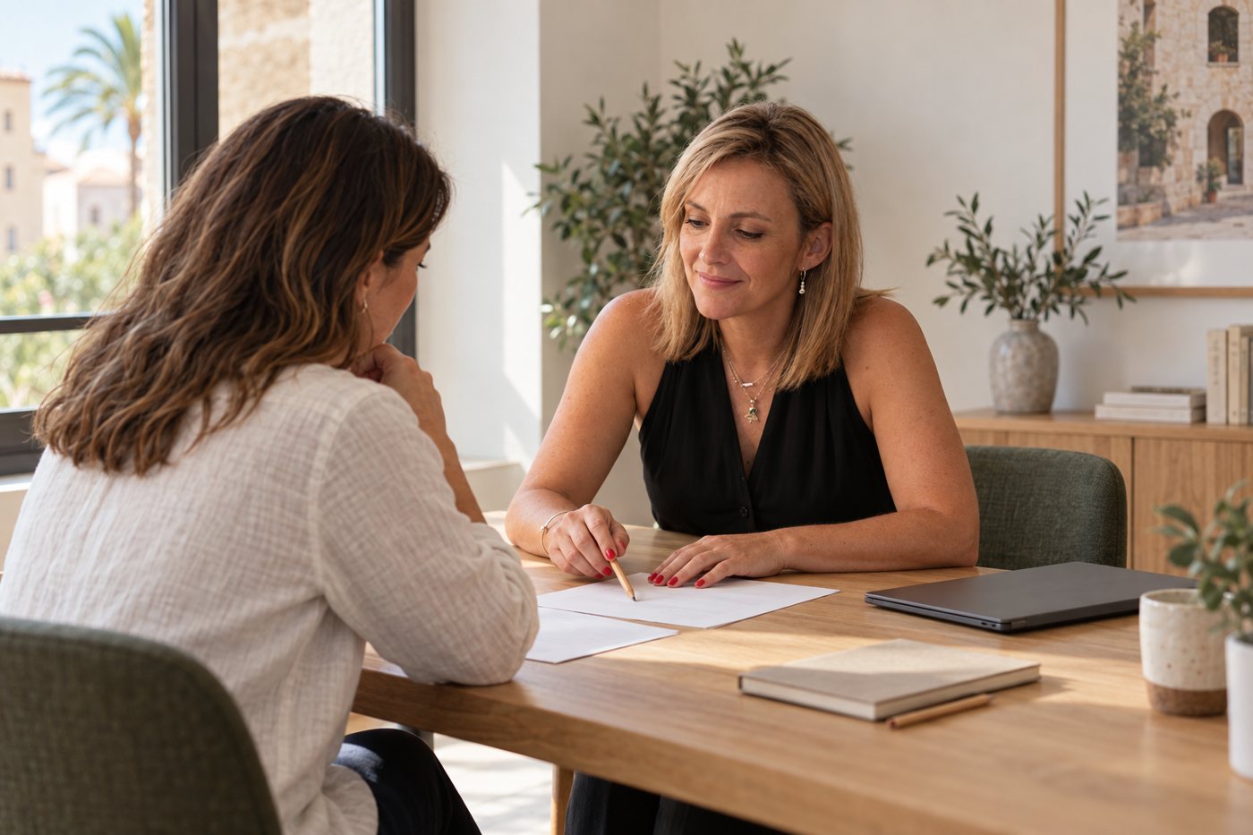 Sarah reviewing purchase documents with a client at a table