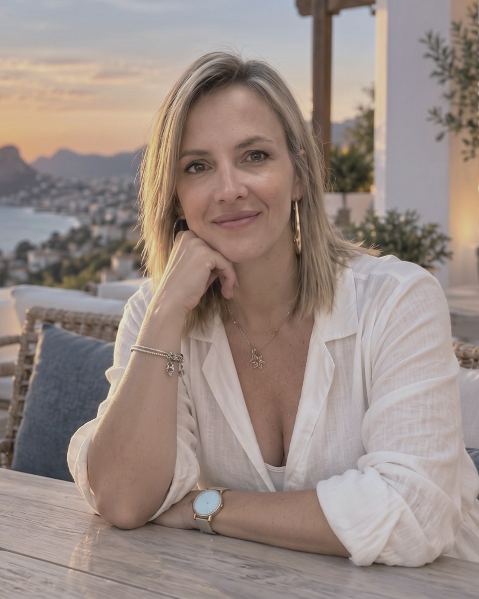 Sarah Katerina on a terrace overlooking the Costa Blanca at sunset
