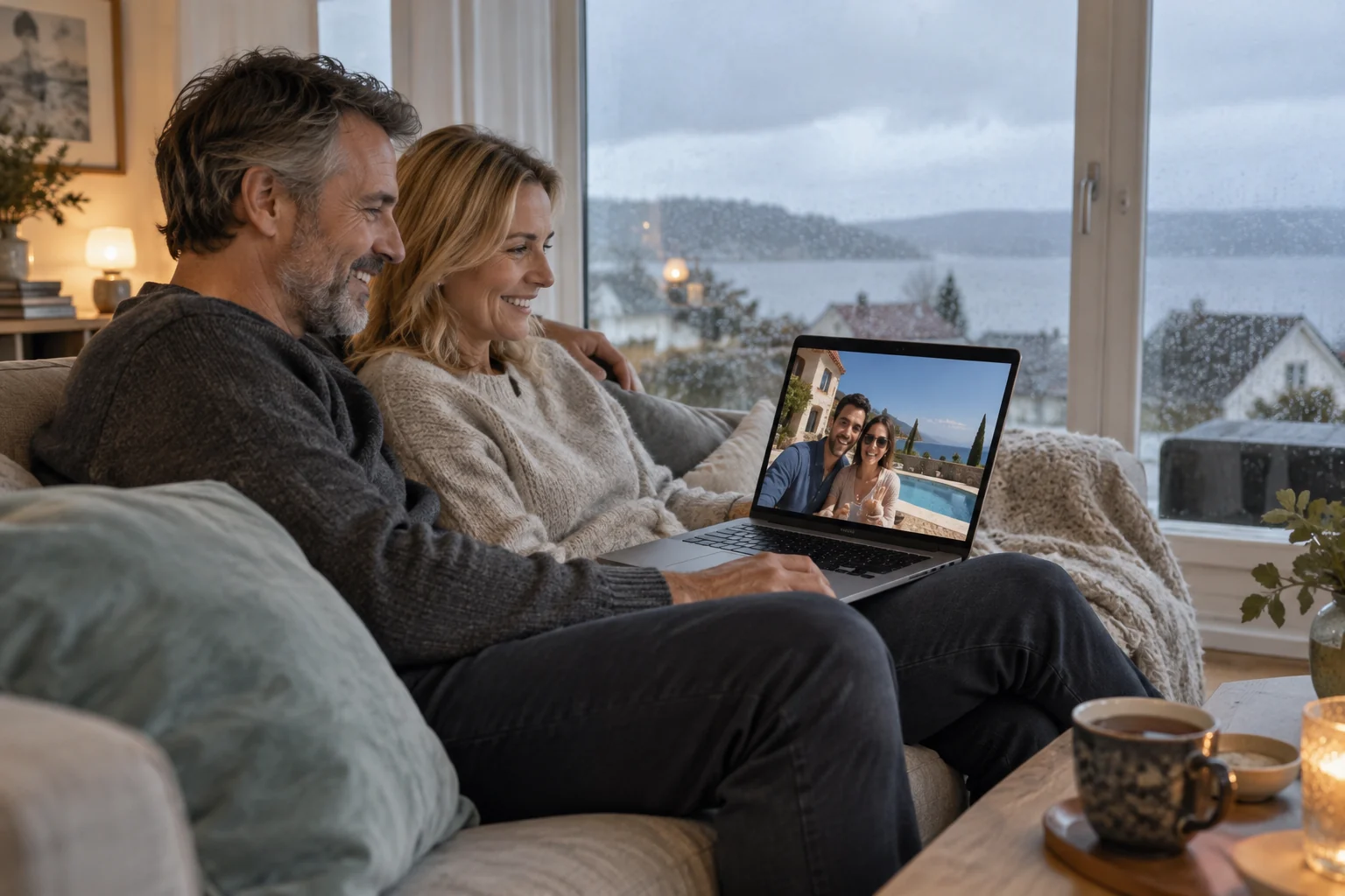 A couple on their sofa at home in northern Europe, on a video call from a sunny villa in Spain