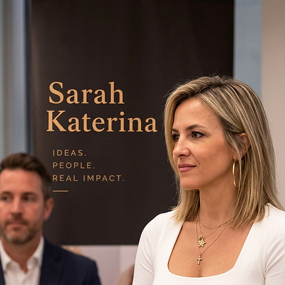 Sarah Katerina listening attentively, with a member of her team beside her