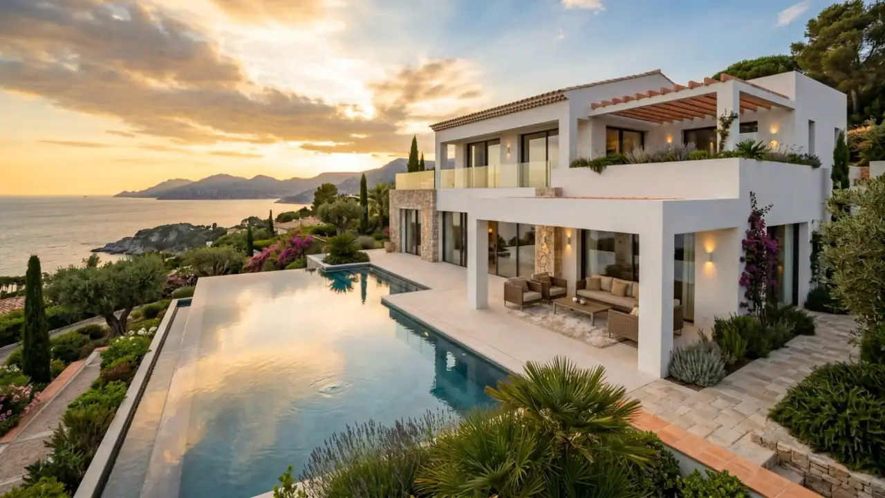 A Mediterranean villa by the sea at sunset